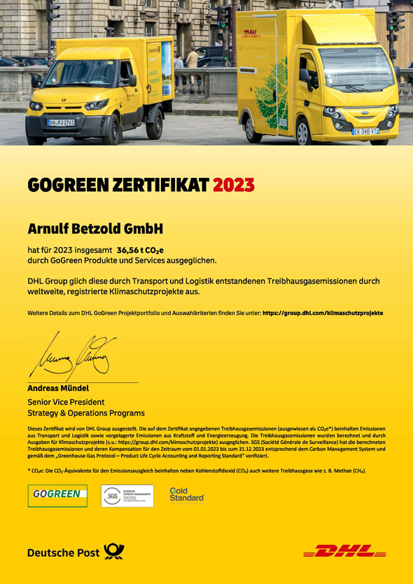 Zertifikat DHL GoGreen klimaneutral