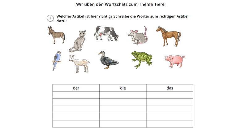 Artikelübung Wortschatz "Tiere"