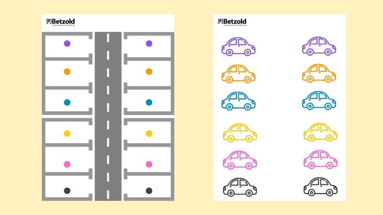 Download für ein Aktionstablett für Krippenkinder: Thema ist bunte Autos parken
