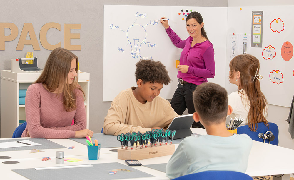 Lehrerin erklärt etwas mit Hilfe einer Skizze an Whiteboard, Kinder sitzen um Tisch herum und arbeiten mit