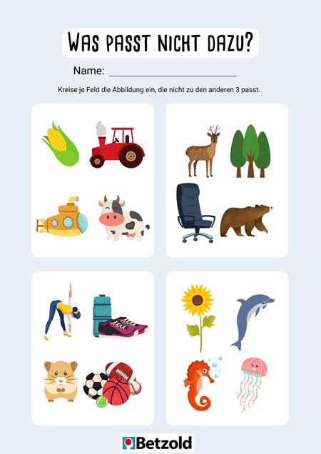 Ein Arbeitsblatt als Download, bei dem Bilder, die nicht zum Thema passen, gefunden werden müssen.