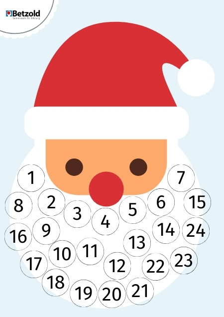 Vorlage für einen Weihnachtscountdown, bei dem der Bart des Weihnachtsmannes mit Watte geklebt wird.