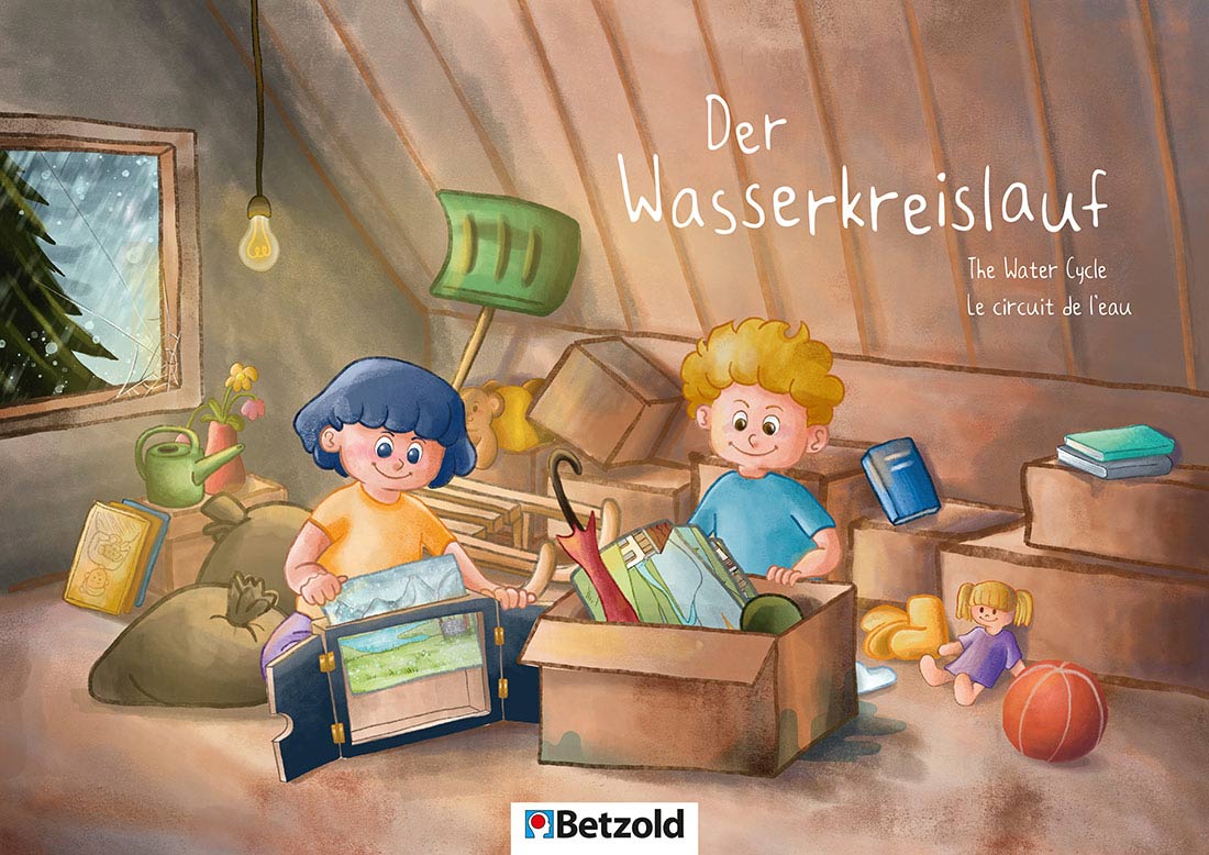 Illustration von zwei Kindern mit einem Kamishibai auf einem Dachboden